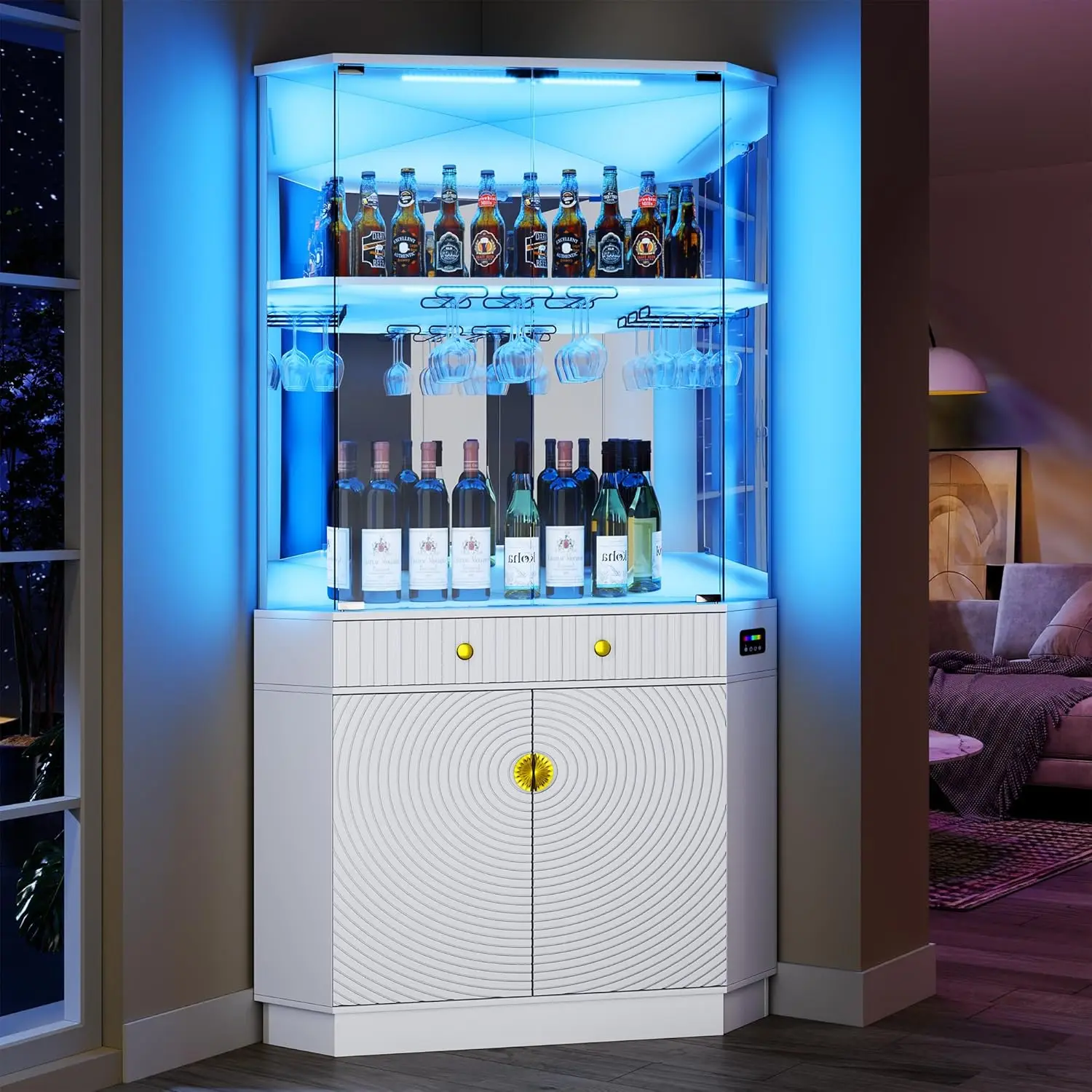 

71" Tall Corner Bar Cabinet with RGB Lighting & Motion Sensor LED,Corner Wine Rack Tower with Textured Storage (White)