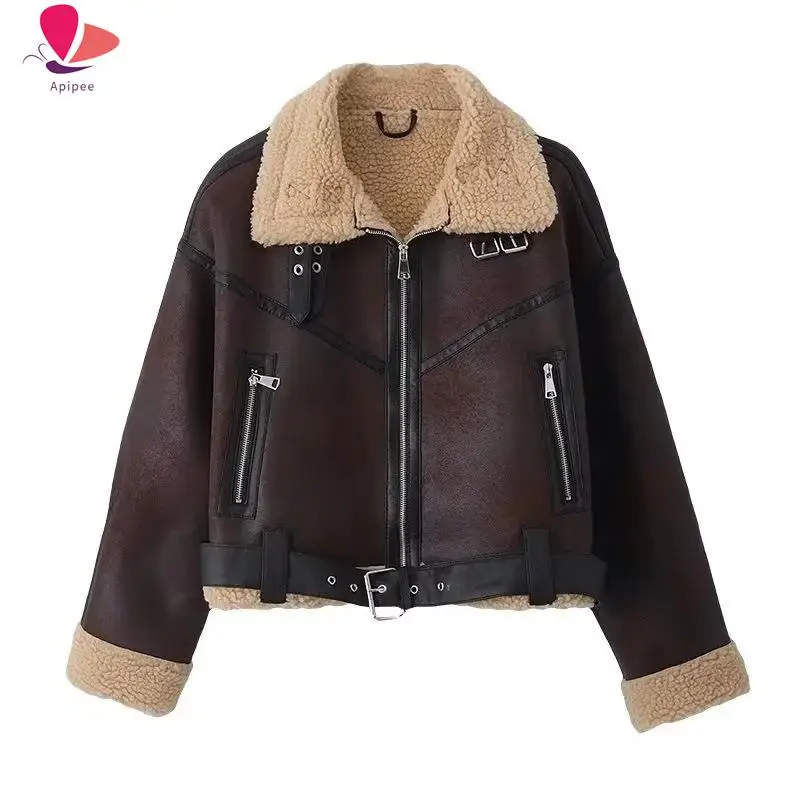 APIPEE Autumn Women Fashion Thick Warm Faux Shearling Jacket Coat Vintage Long Sleeve Belt Hem Female Outerwear Chic Tops