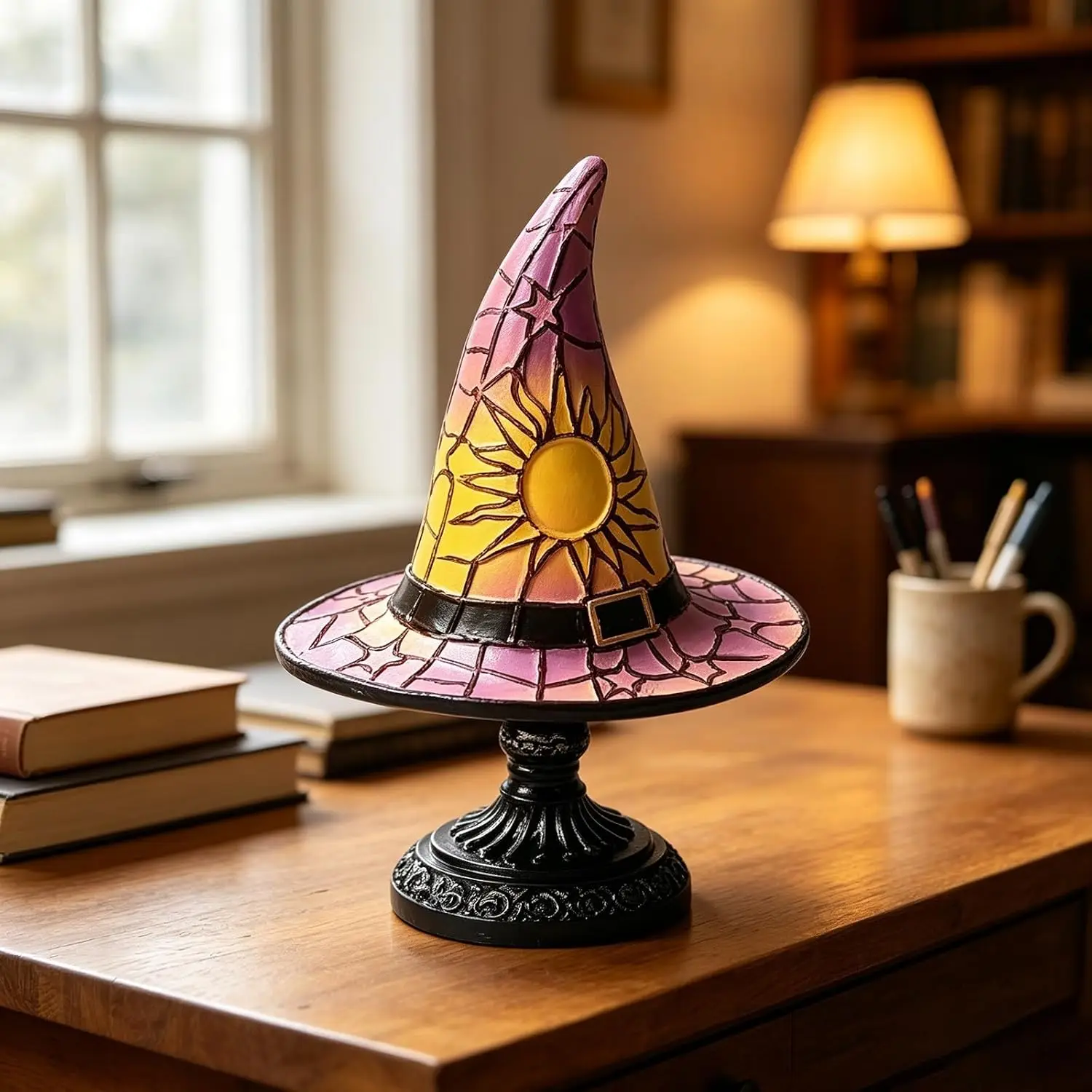 Witch Hat Lamp Handcrafted Gothic Night Light for Bedroom, Night Stands, Bedroom, Living Room, Office, USB Powered Mystical Ambiance Decor for Halloween & Witchy Home (Purple)