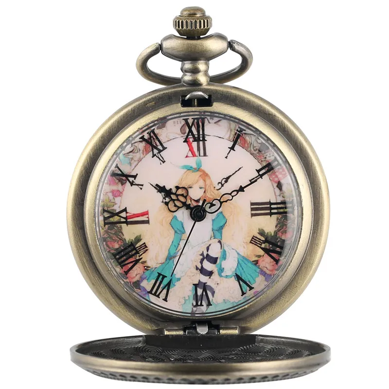 Antique Pocket Watch Hollow-Out Little Girl Design Princess Pattern Quartz Movement Clock for Women Lady with Sweater Chain