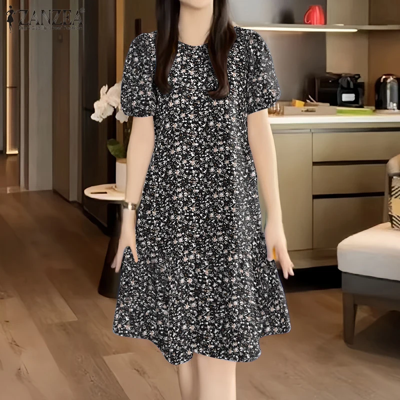 2026 ZANZEA Summer Floral Printed Dresses Women Elegant Casual Holiday Party Dress Stylish Short Sleeve Work Knee Length Robe