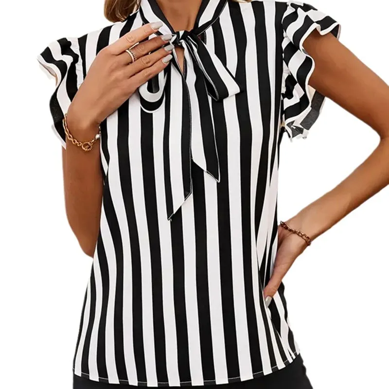 Top da donna a righe con nodo irt e cravatta in vita, orlo a balze, coreano, vestibilità ampia, estate, moda casual