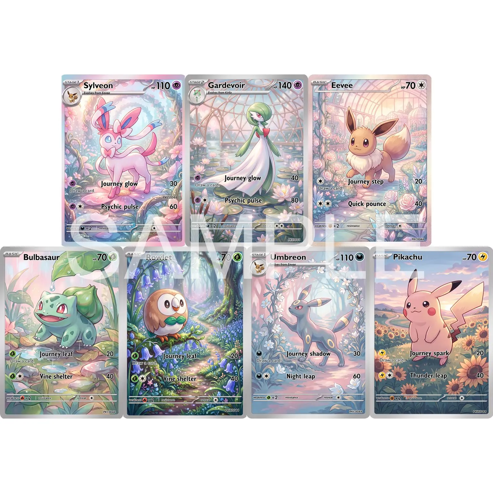7Pcs PKM Cards PTCG Pearlescent Acrylic Style Sylveon Gardevoir Eevee Bulbasaur Rowlet Umbreon Custom Art Collection Cards PTCG