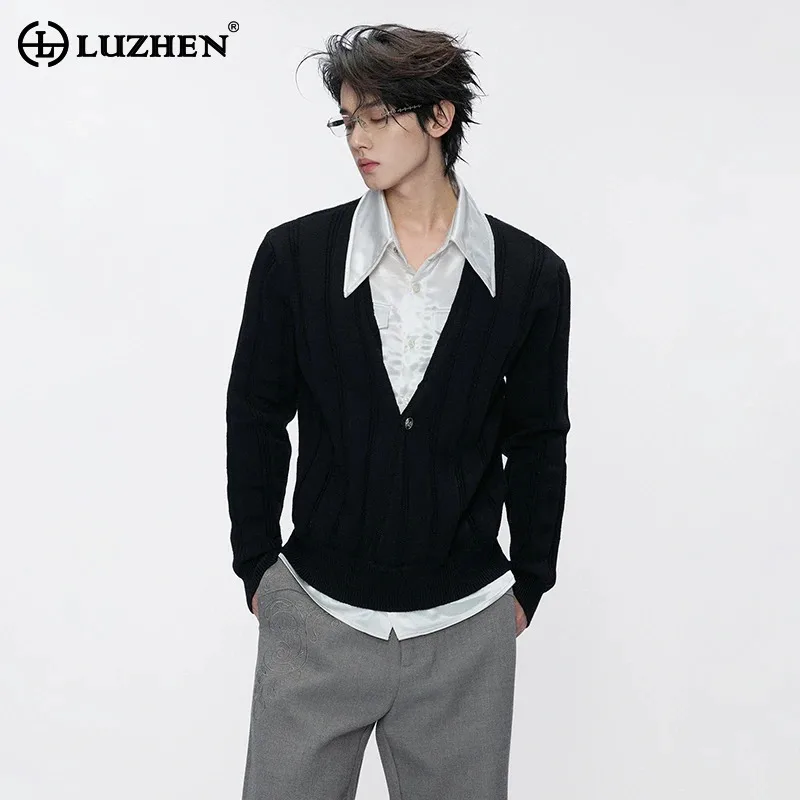 LUZHEN 2026 New Stylish Fake Two Piece Design Satin Shirts V-neck Knitted Pullover Men's Handsome Elegant Casual Sweater JY9532