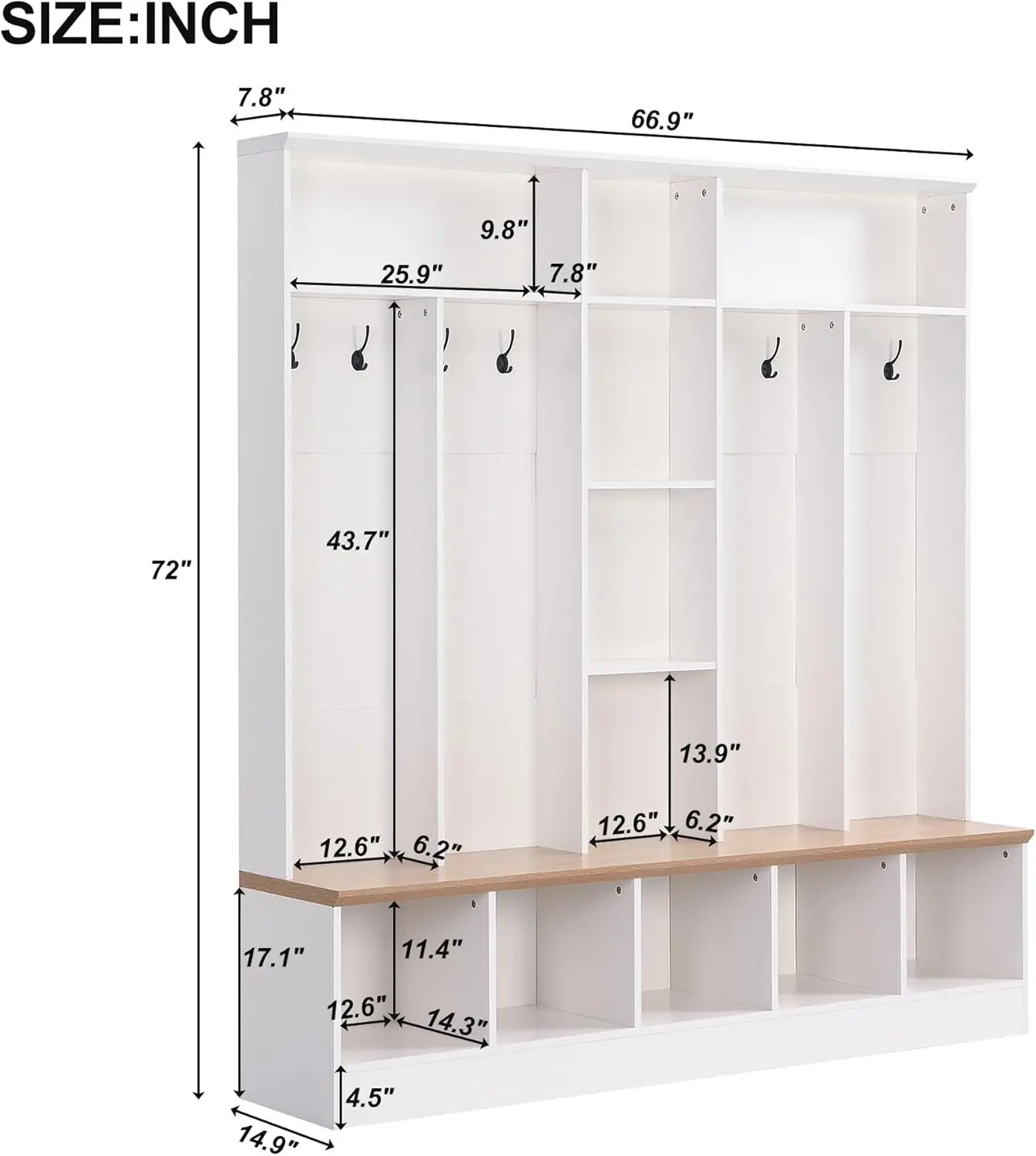 Wide Hall Tree 4-In-1 Design Mudroom Coat Rack Entryway Coat Rack With 8 Hooks, Cube Storage & Shelves Mudroom Bench Coat