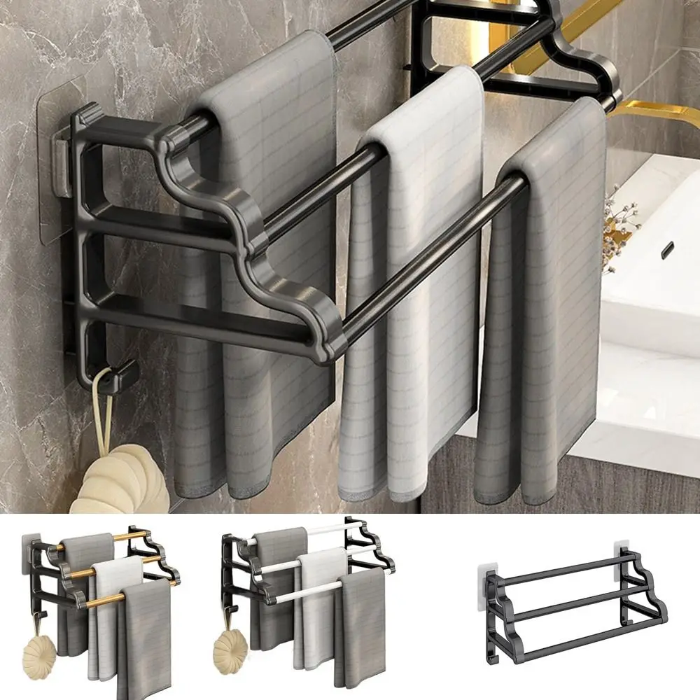 

Black Three Rods Towel Rack Wall Mounted Punch-free Towel Hanger with Hook Space Saving Multilayer Towel Bar for Bathroom