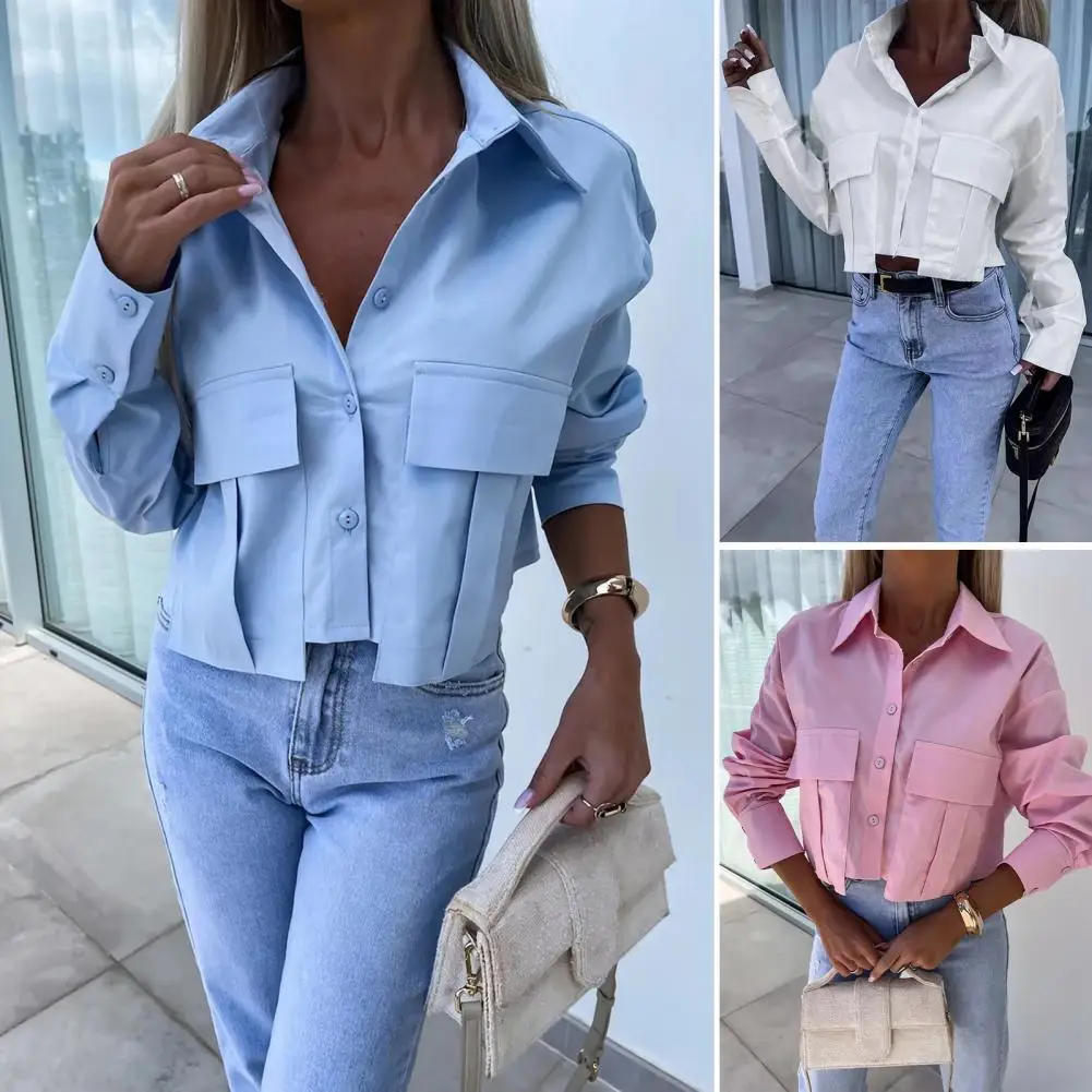 Chemise courte à revers à manches longues pour femmes, haut à boutons multiples, poches à rabat à boutonnage simple, confortable, été