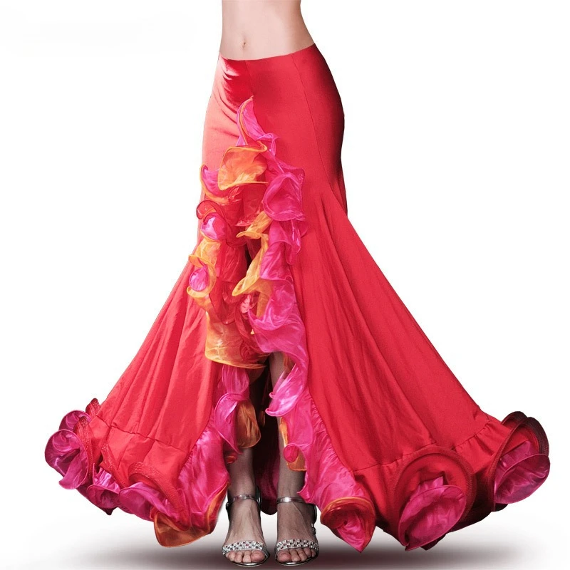 Aangepaste buikdanskostuum drie kleuren lotusblad gekrulde rok split opgerolde rand lotusblad rok