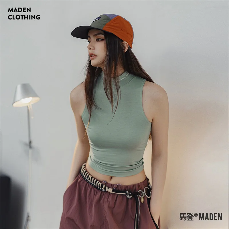 Maden-Camiseta sin mangas de Cuello medio alto para mujer, Tops básicos, chaleco Delgado exterior de verano, camiseta sin mangas verde claro, S-XL