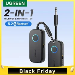 UGREEN 블루투스 리시버 송신기 어댑터, 2-in-1 무선 블루투스 3.5mm Aux 오디오 어댑터, 비행, TV, 자동차, 트레드밀용