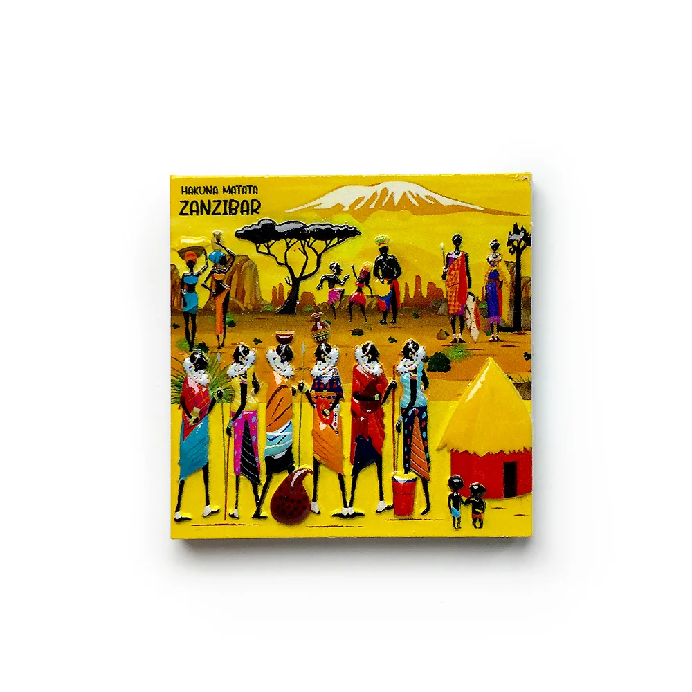 

Africa Tanzania Zanzibar 3D Resin Refrigerator Magnet with Maasai People, Savanna Scene & "Hakuna Matata" Lettering, Decorative