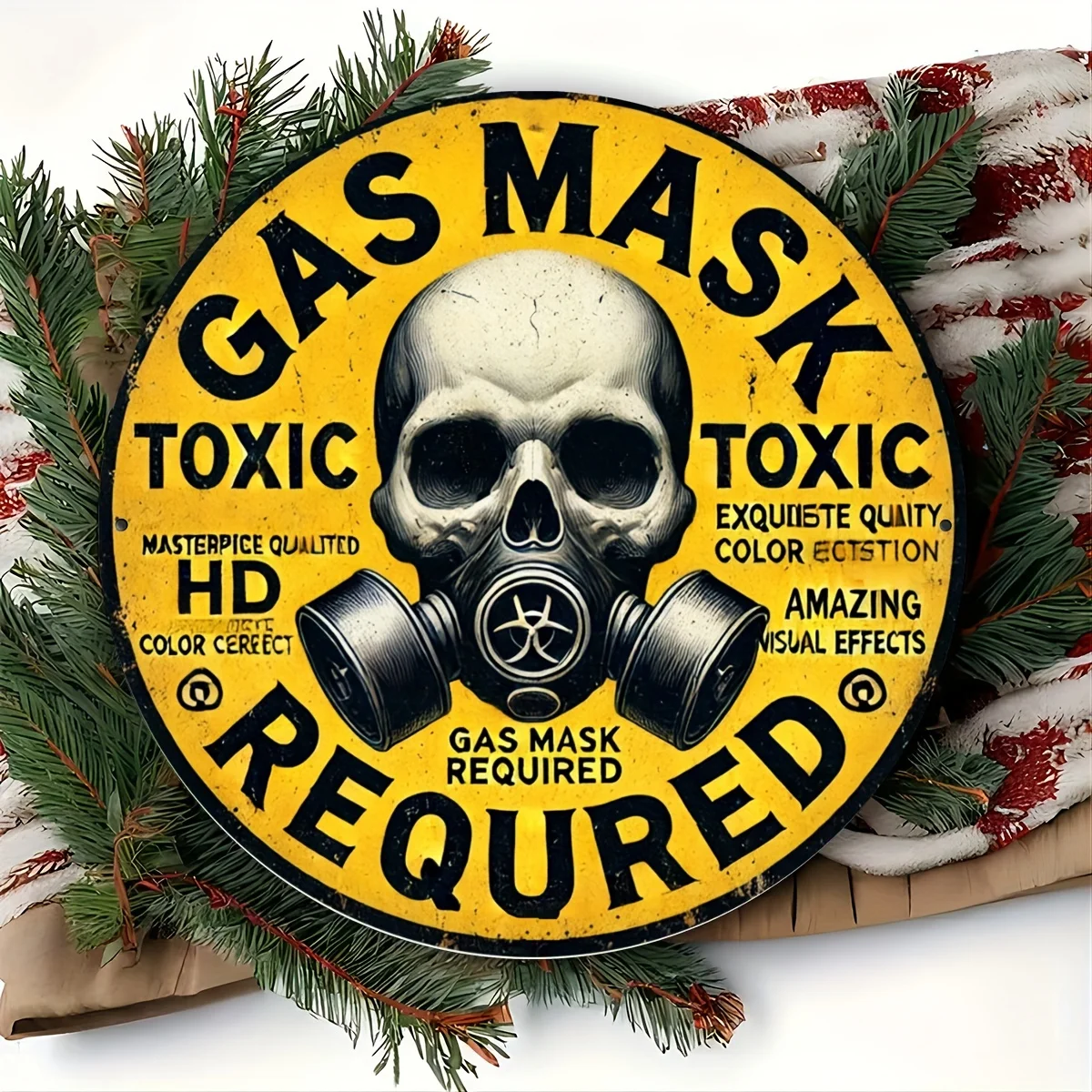 2D Flat, 2D Flat, 2D Flat A Vintage Round Metal Sign Featuring a Toxic Hazard Symbol, Requiring a Gas Mask Sign. This 2D Flat Pr