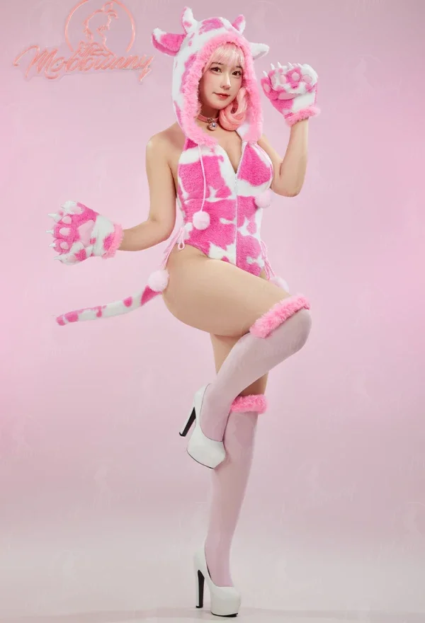 CosplayMobbunny Lencería navideña para mujer, mono de felpa con estampado de vaca, disfraz de Cosplay de pata, mameluco con capucha con guantes de pata y muslo S
