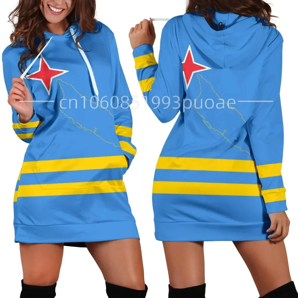 Aruba Frauen Hoodie Kleid Wappen 3D Gedruckt Dame Einteiliges Weibliche Mit Kapuze Pullover Frühling Herbst Casual Langarm