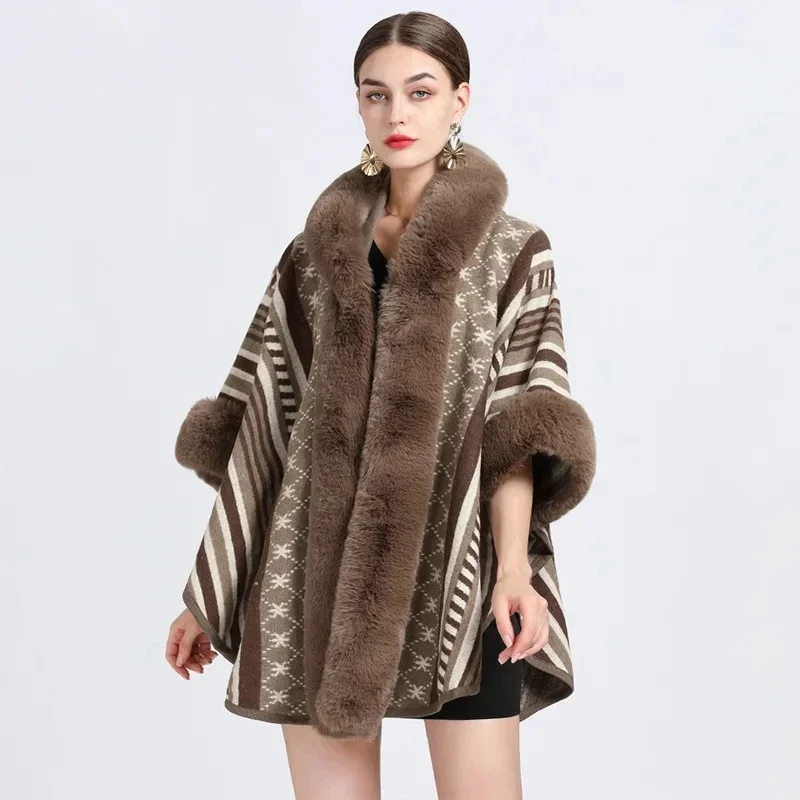 

Autumn Winter Fashionable Upscale Imitation Otter Rabbit Fur Cardigan Women Jacquard Weave Poncho Lady Capes Cloaks