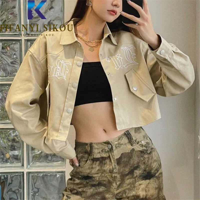 

Letter Embroidery Denin Jackets Women High Waist Short Coat Streetwear Loose Lapel Jeans Jacket Fashion Bomber Jacket Female