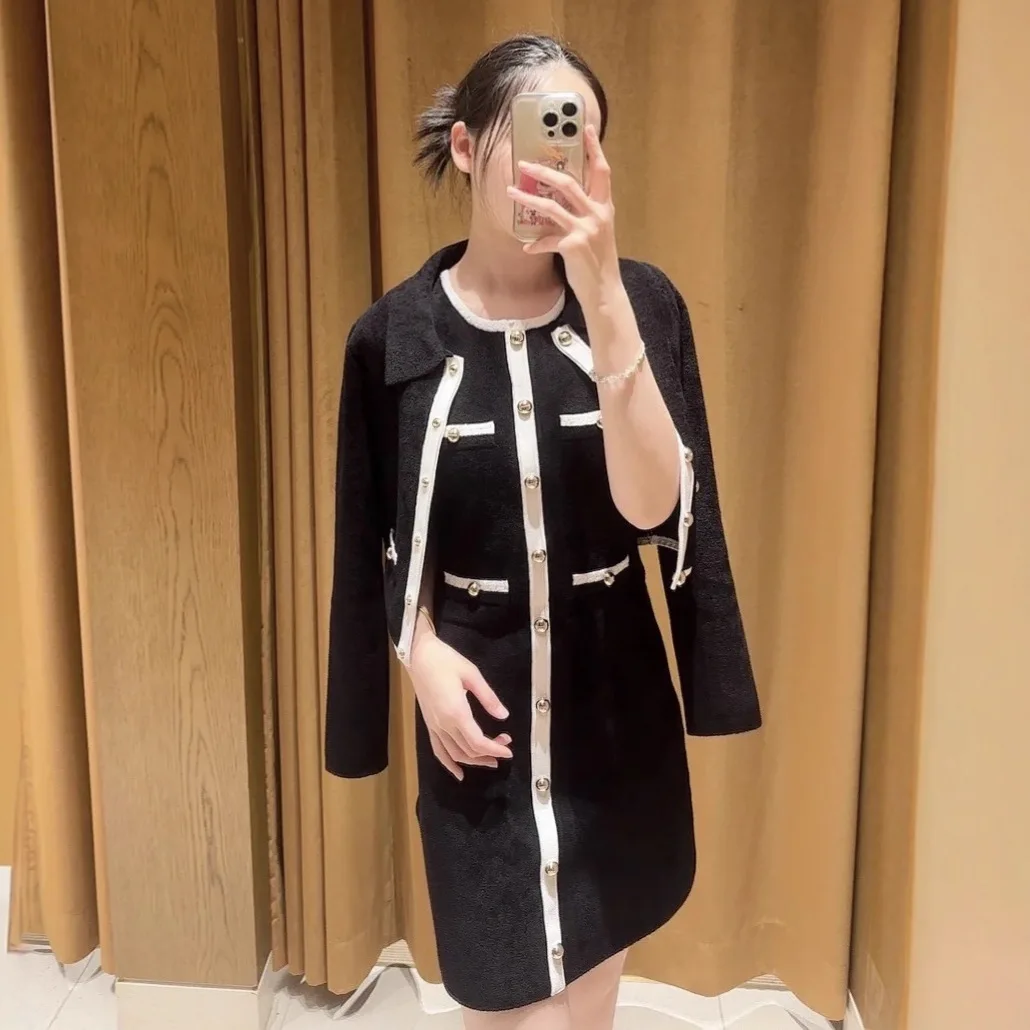 Costume deux pièces noir et blanc pour femme à manches longues, robe cardigan élégante ou gilet sans manches