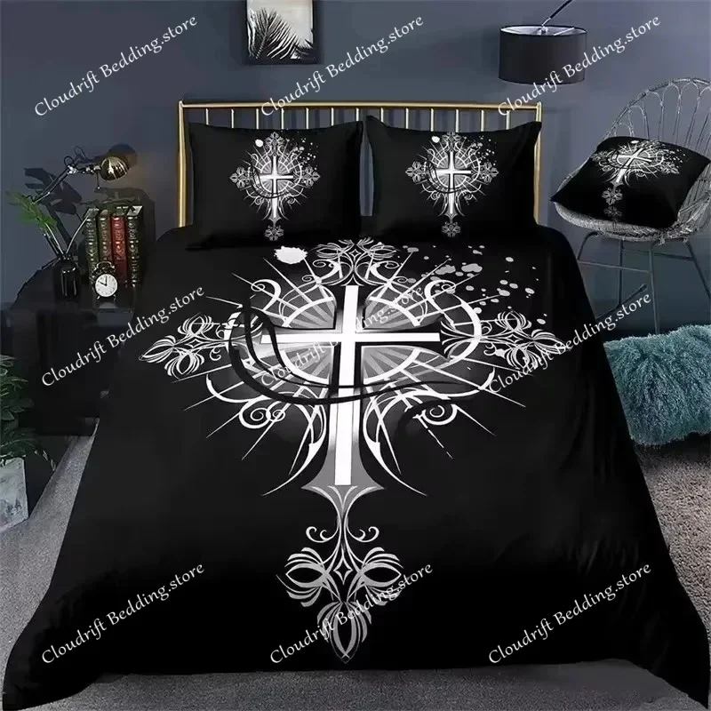 Jesus Cross Bedding Set King Queen Size Christian Design Retro Quilt Cover For Men Teens Adult,Jesus Christ Believer Quilt Cover