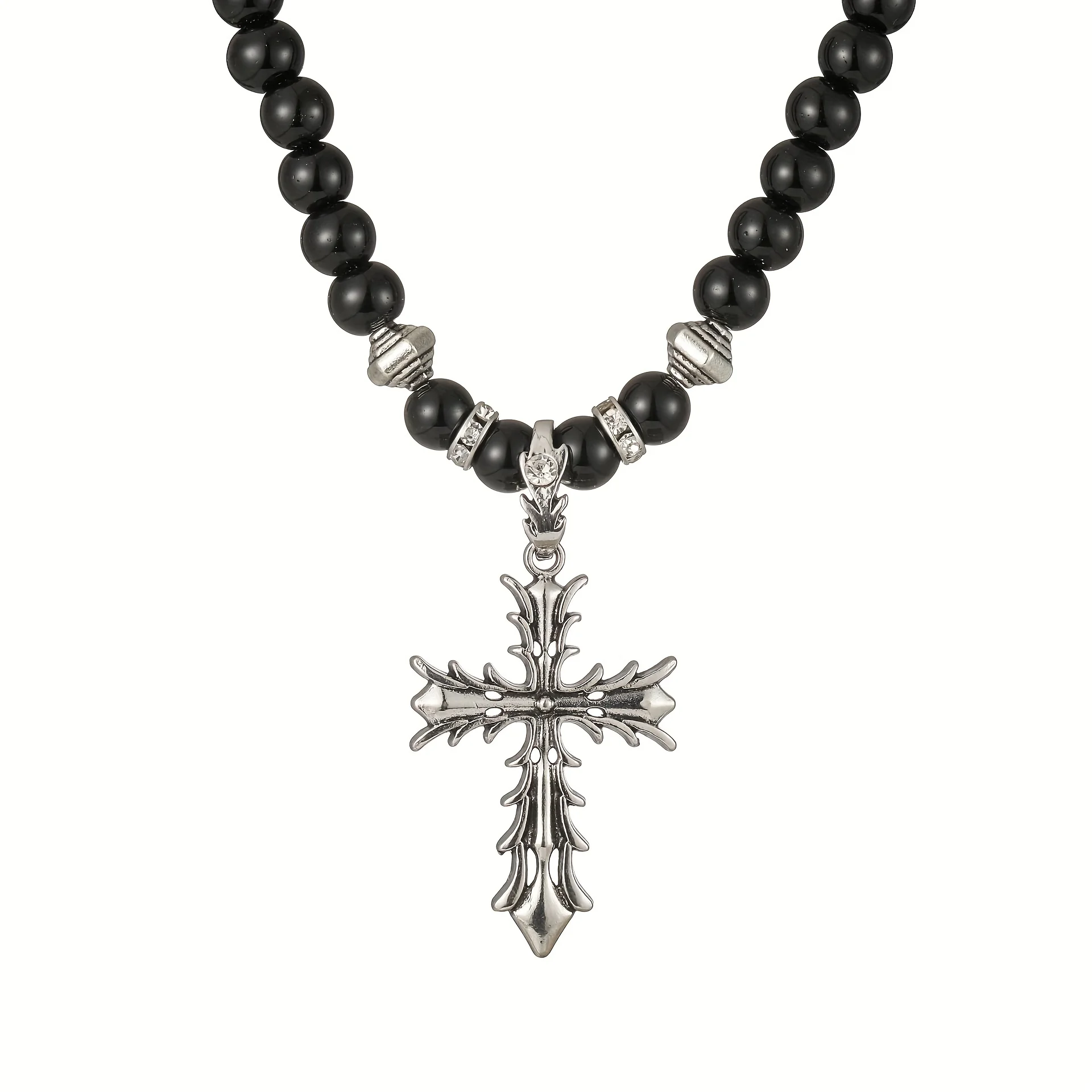 Super Cool Thorns Cross Pendant Necklace with Black Beads Chain Awesome Accessory Gift for Men