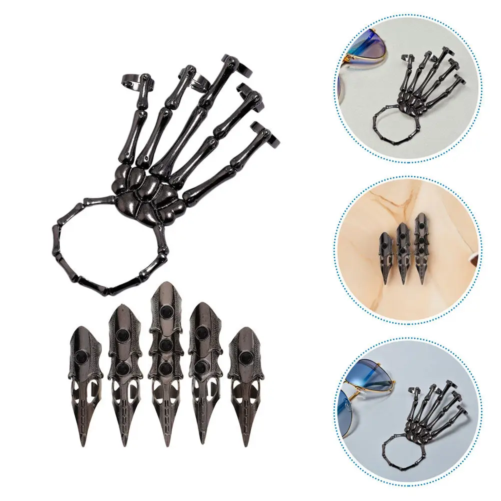 1Set Mechanical Long Ring Glove Retro Punk Gothic Alloy Finger Claw Bracelet for Cosplay Halloween Stage Performance