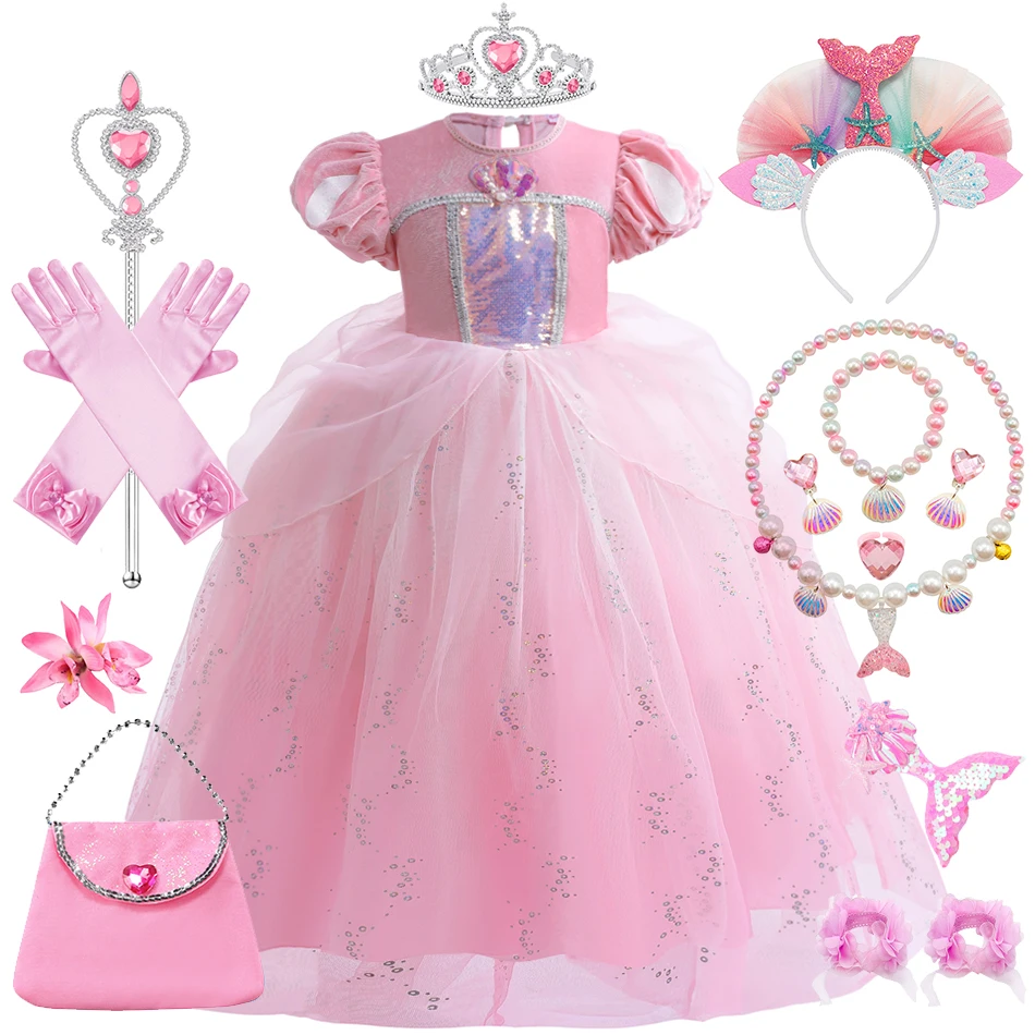 Girls Mermaid Costume Ariel Pink Luxury Sequin Cosplay Princess Dress Kid Carnival Birthday Party Gown Stage Performance Outfits