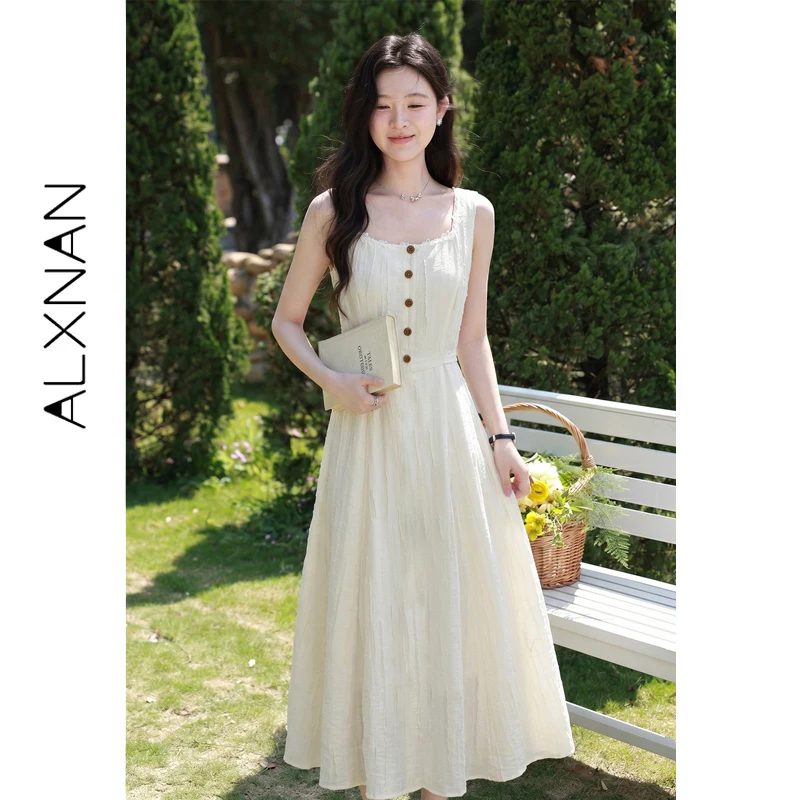 

ALXNAN Women's Midi Dress Square Neck French Style Long Dress Elegant Casual Summer Holiday Short Sleeve Dresses 2026 New L63515