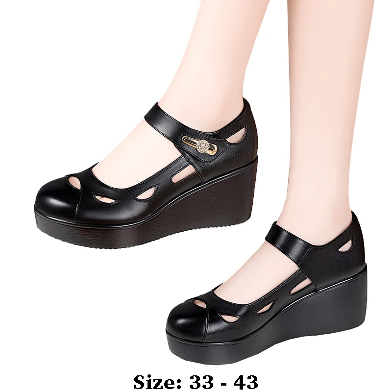 

high quality leather wedge shoe for women 6cm mid heel platform round toe 33 34 43 elegant and fashion autumn shoe black