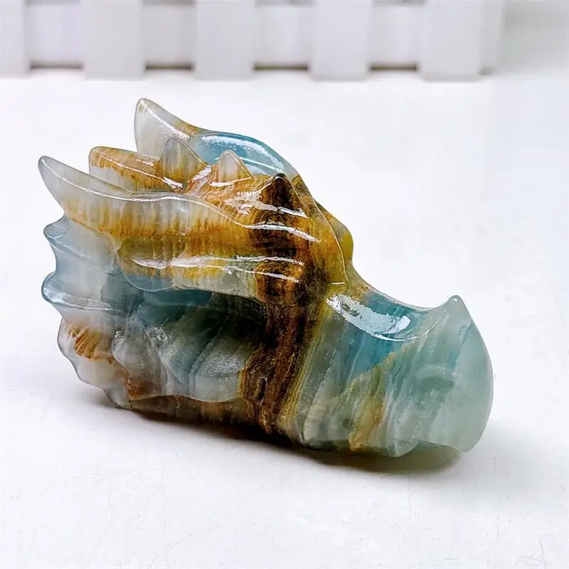 Cráneo de dragón de ónix azul Natural tallado, figura de Animal potente, artesanías energéticas, moda Fengshui, decoración del hogar, regalo, 1 Uds.