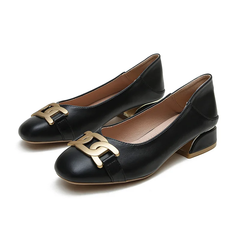 

Plus Size 33-43 Women Gold Metal Buckle Leather Shoes Low Heel Round Toe Pumps Office Lady Soft Soles Slip on Shoes
