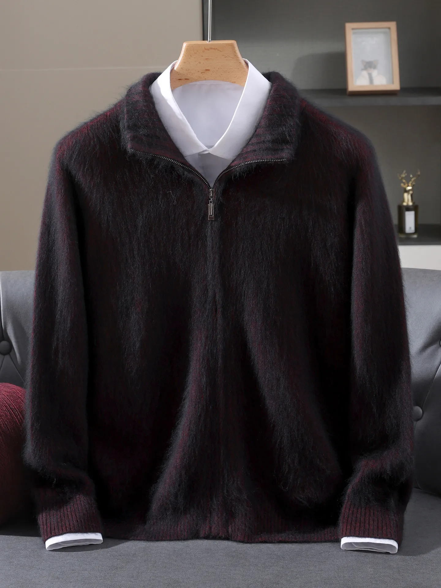 

100% pure mink sweater cardigan neck zipper casual sweater thickened solid color knitted bottoming shirt