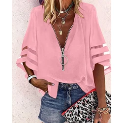 Casual Dames Shirt 2024 Zomer Sexy V-Hals Rits 3/4 Flare Mouw Effen Kleur Patched Losse Vakantie Strandblouse Vrouwen Top