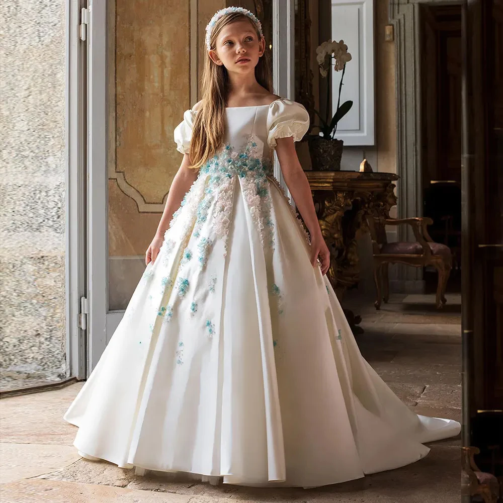 Customized Flower Girl Dress For Wedding Appliques Short Sleeve High Waist Floor Length Kids Birthday Party First Communion Gown