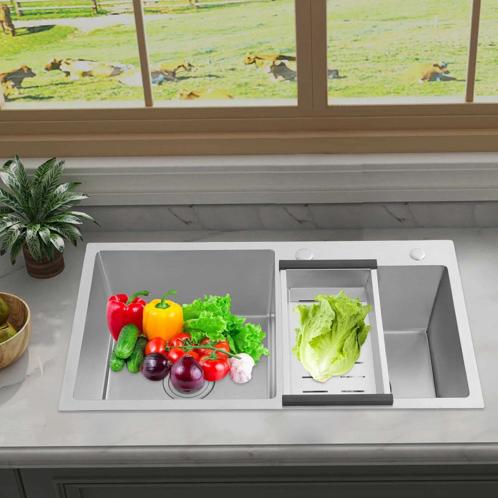 더블 보울 스테인레스 스틸 싱크대 주방 싱크대 배수 바구니 78x43cm 와이어 드로잉 마감