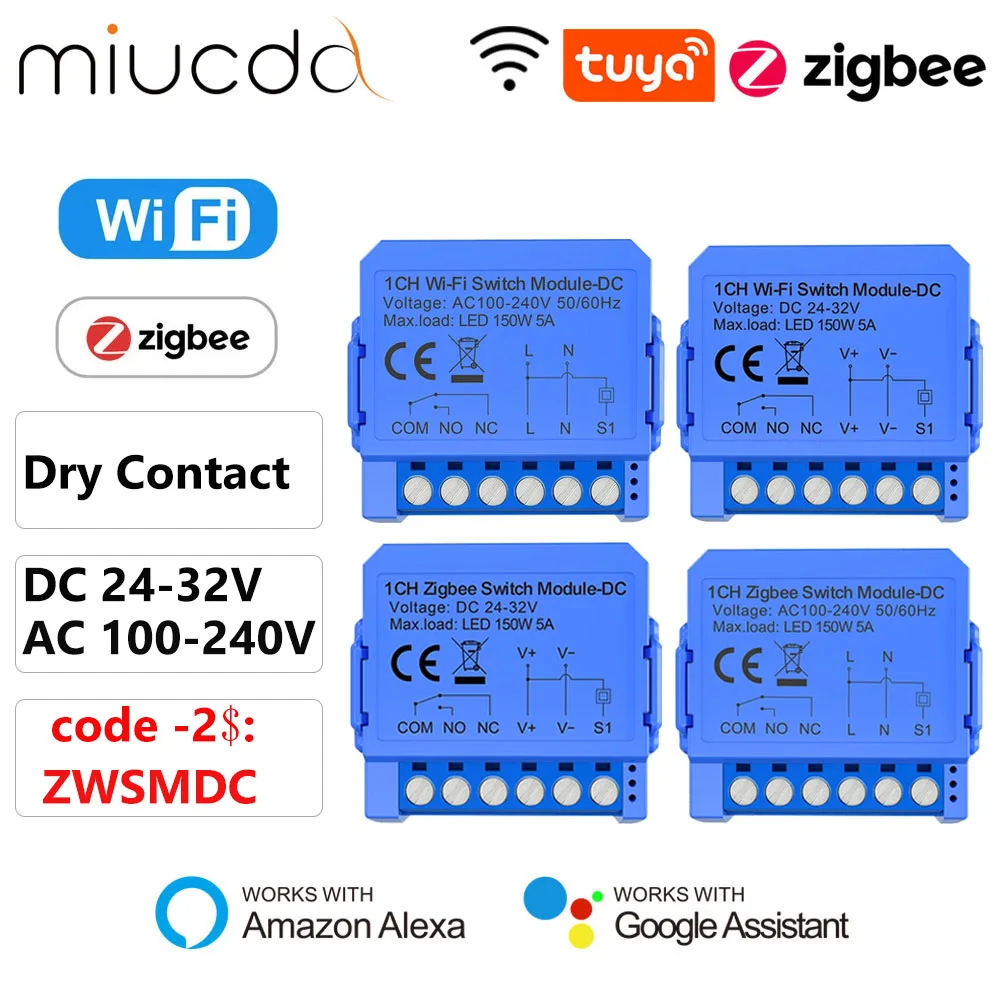 MIUCDA Tuya WiFi/ZigBee Smart Module, Dry Contact Relay DC 24-32V/AC 100-240V DIY Universal Breaker Relay For Alexa Google Home