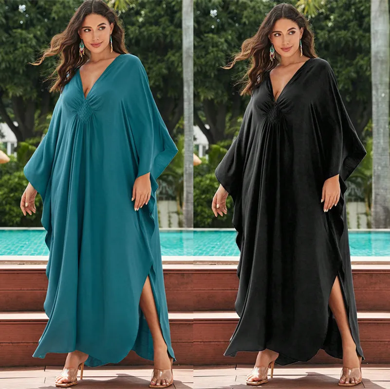 여성용 솔리드 루즈 V넥 비키니 커버 업 로브, 카프탄 홀리데이 루즈 비치 원피스, 목욕 세트 커버 업 비치웨어