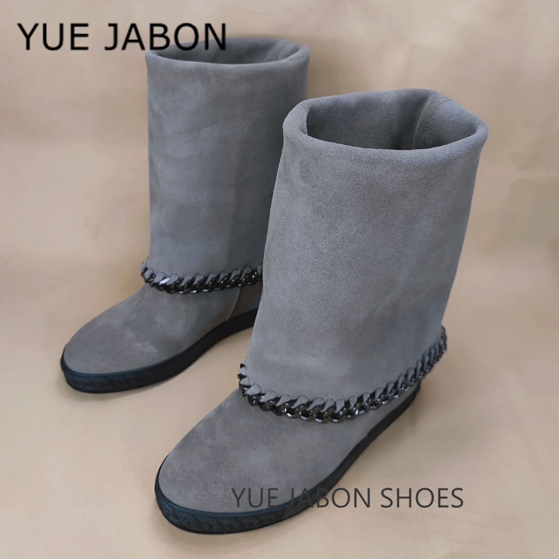 

Grey Long Booties mujer Cow suede platform shoes metal chains ankle boots height increasing knee High wedges Black boots woman
