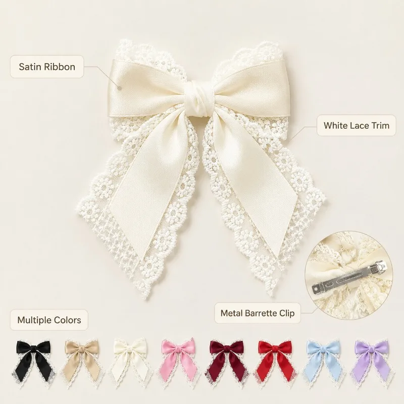 Satin-Spitzen-Haarspangen mit Schleife, Rutschfeste Haarklammern für Frauen, Lolita-Stil, Alltag, Hochzeit, Party, Foto, Haaraccessoires