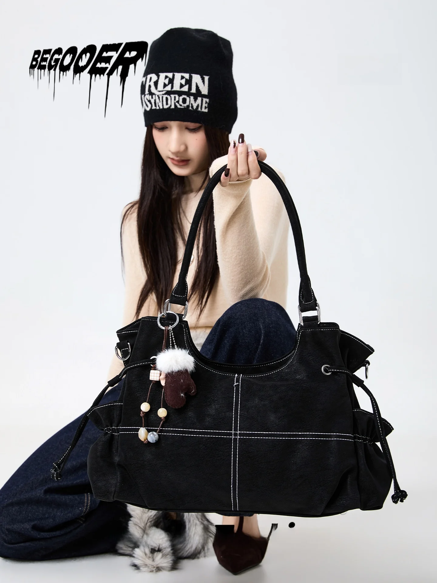 BEGOOER American Retro Tote Bag Women's New Frosted Lychee Pattern Fashion Wasteland Style Single Shoulder Slant Bag