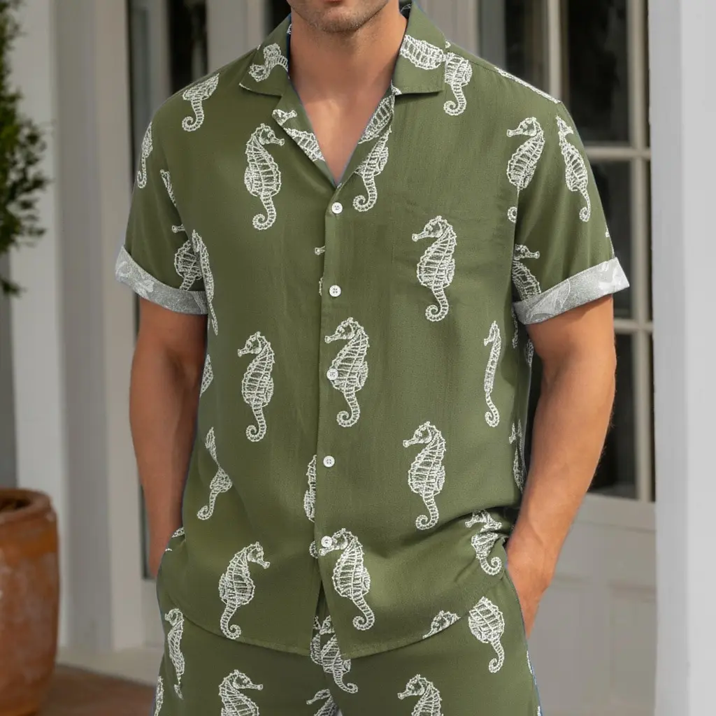 

Men's Turndown Collar Short Sleeve Hawaiian Shirt Seahorse Sea Creatures 3D Print Button Up Beach Wear Blue Brown Green Summer
