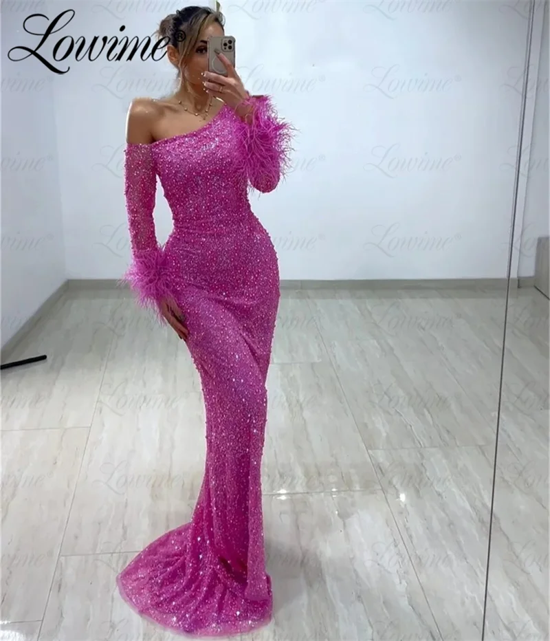 Lowime Blue Mermaid Elegant Off The Shoulder Beaded Feathers Women Evening Dress Gown for Wedding Party 2024 Long Prom Dresses