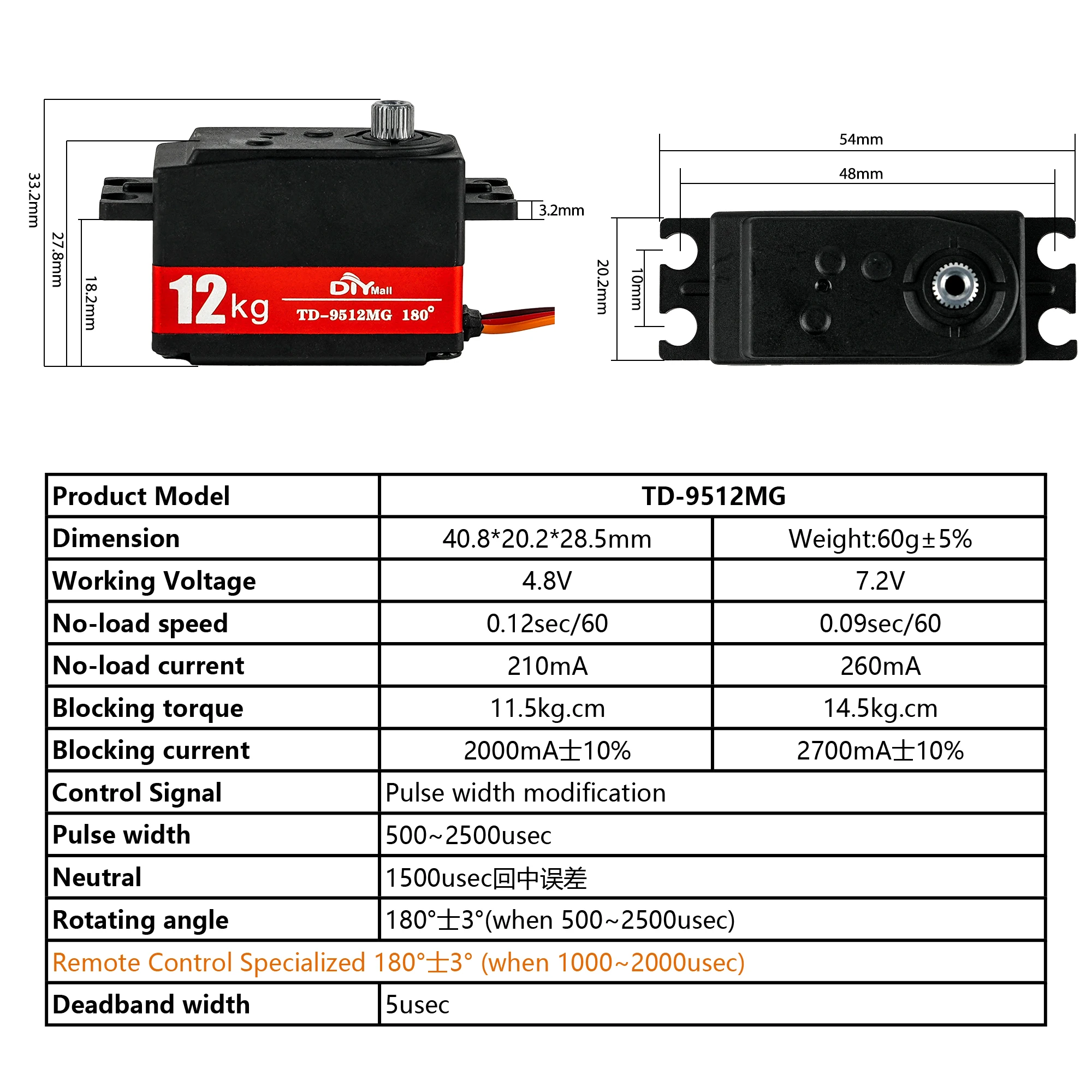 Engrenage de direction Servo numérique TD-9512MG, 12KG, Angle de 180 degrés, moteur contrôlable, fonctions de puissance à monter soi-même, pièces pour modèle de voiture