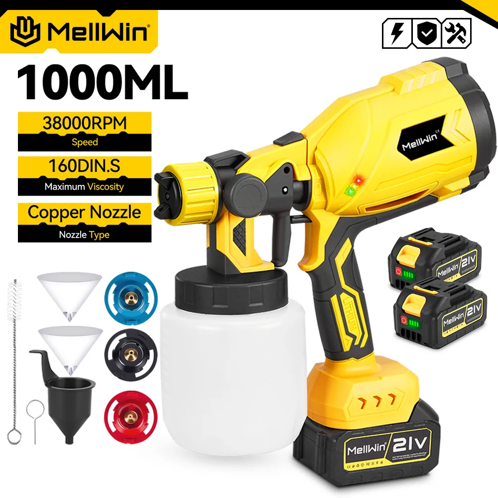 MELLWIN 1000 ml kabellose elektrische Farbspritzpistole mit 4 Kupferdüsen, tragbares HVLP-Farbspritzgerät für Makita 18 V Batterie-Pin