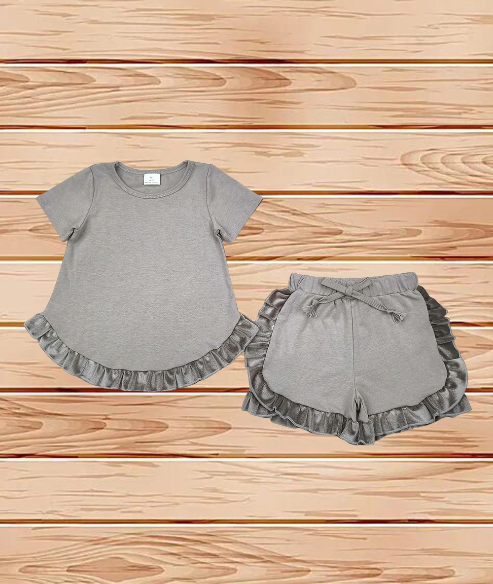 

4.15 Wholesale Western Boutique children clothing Baby Girls Grey Cotton Top Ruffle Shorts Clothes Sets