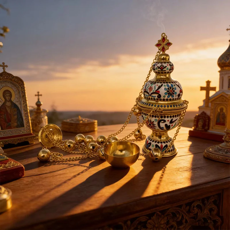 

Gold Plated Orthodox Catholic Censer with Enamel Floral Patterns and Bell Chain for Church Liturgy Home Altar Devotion Christian