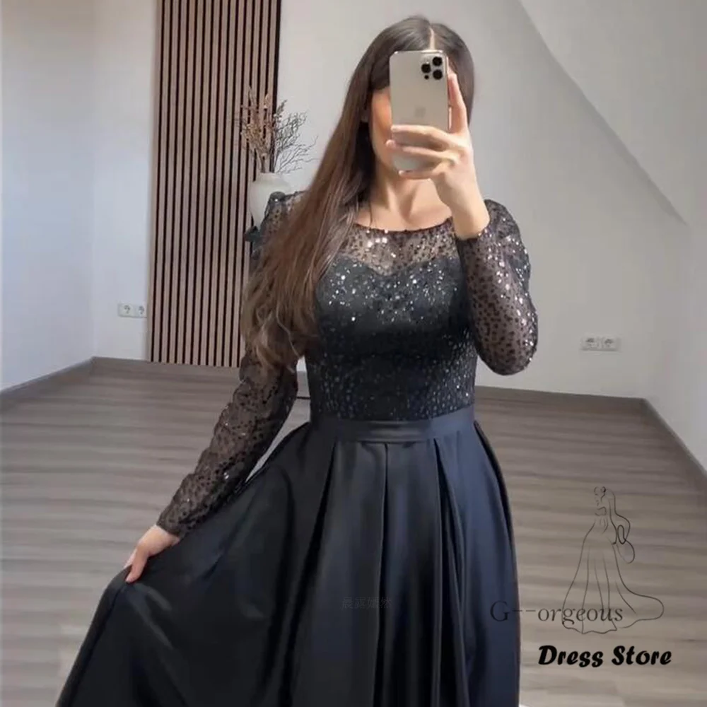 Customized Sparkle Sequin Prom Dresses Black O-Neck A-Line Long Evening Gowns Tea-Length Sexy Satin Elegant Formal Party Dress