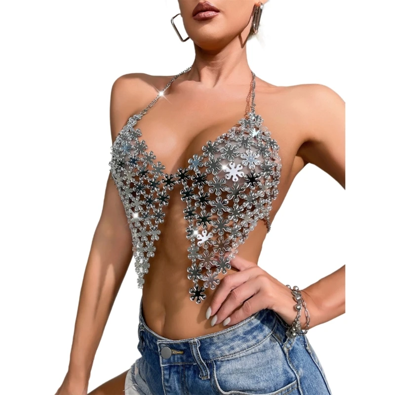 Flower Shaped Sequins Crop Top Bras Club Party Body Jewelry Chest Chain