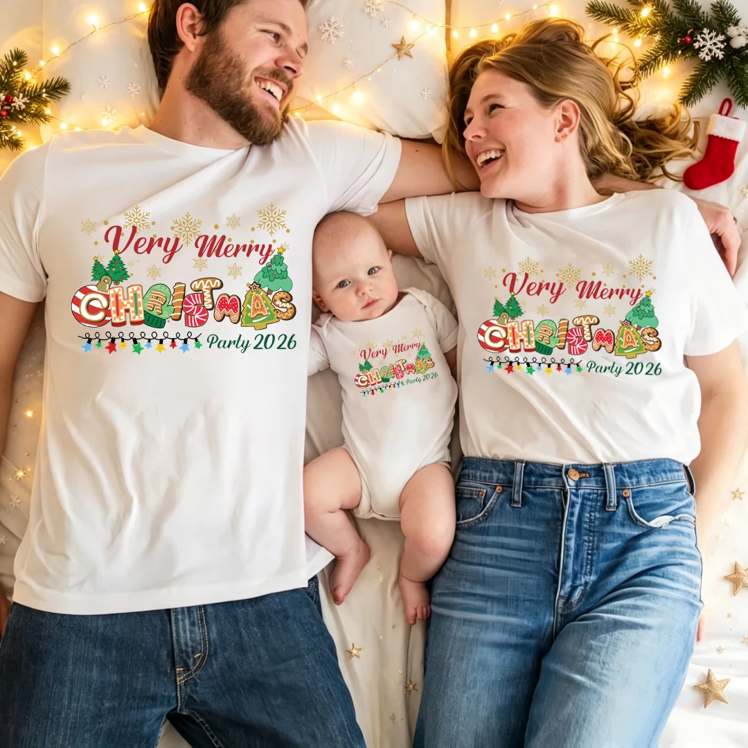 Very Merry Christmas Party 2026 Family Matching T‑Shirt Black Xmas Tops Look Mom Dad Kids Baby Romper Family Outfit
