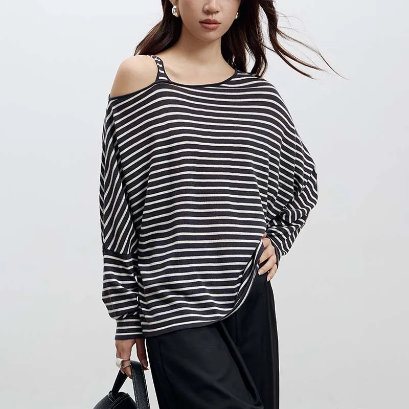 

Asymmetrical Cold Shoulder Sweater Oversize Striped Batwing Tops Knit T Shirt Long Sleeve