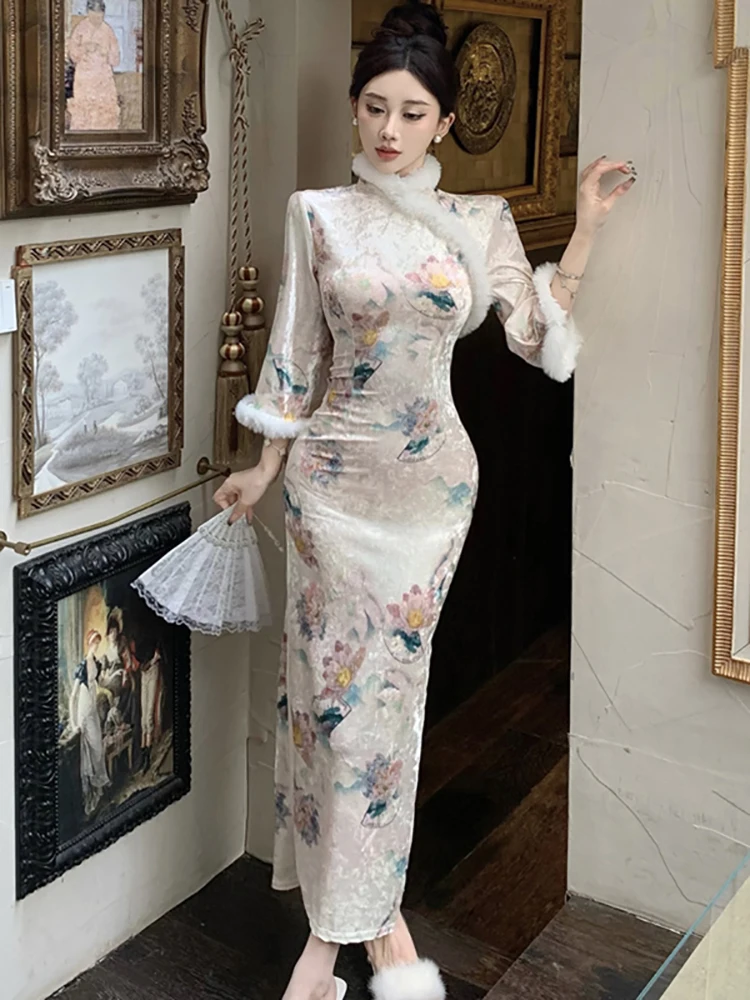 Robe longue en velours à fleurs, col Faux, élégante, coréenne, moulante, robe de bal, mode luxe, Festival, automne hiver 2025