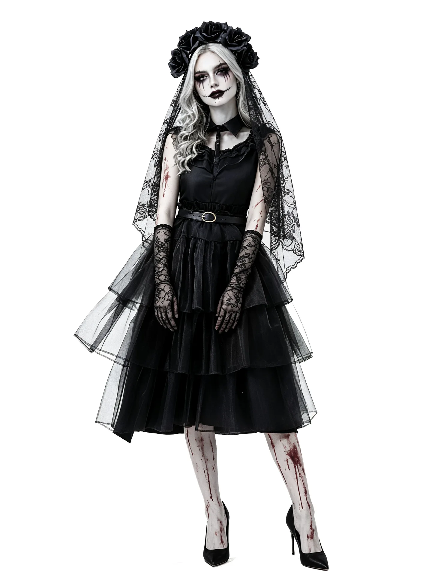 Damen Gothic Blutige Zombie-Braut Cosplay-Kleid mit Rosen-Schleier, Spitzenhandschuhen, Halloween, dunkler Horror, Bühnen-Rollenspiel, Kostüm – Detail 8